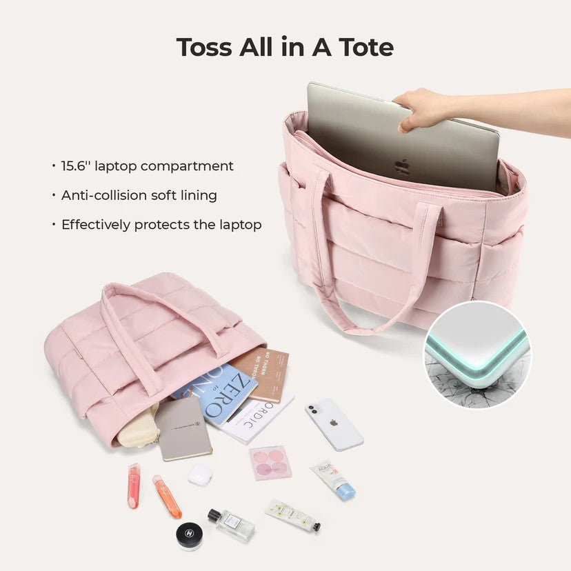 The puffer tote bag can fit a 15.6 - inch laptop and effectively protects it.