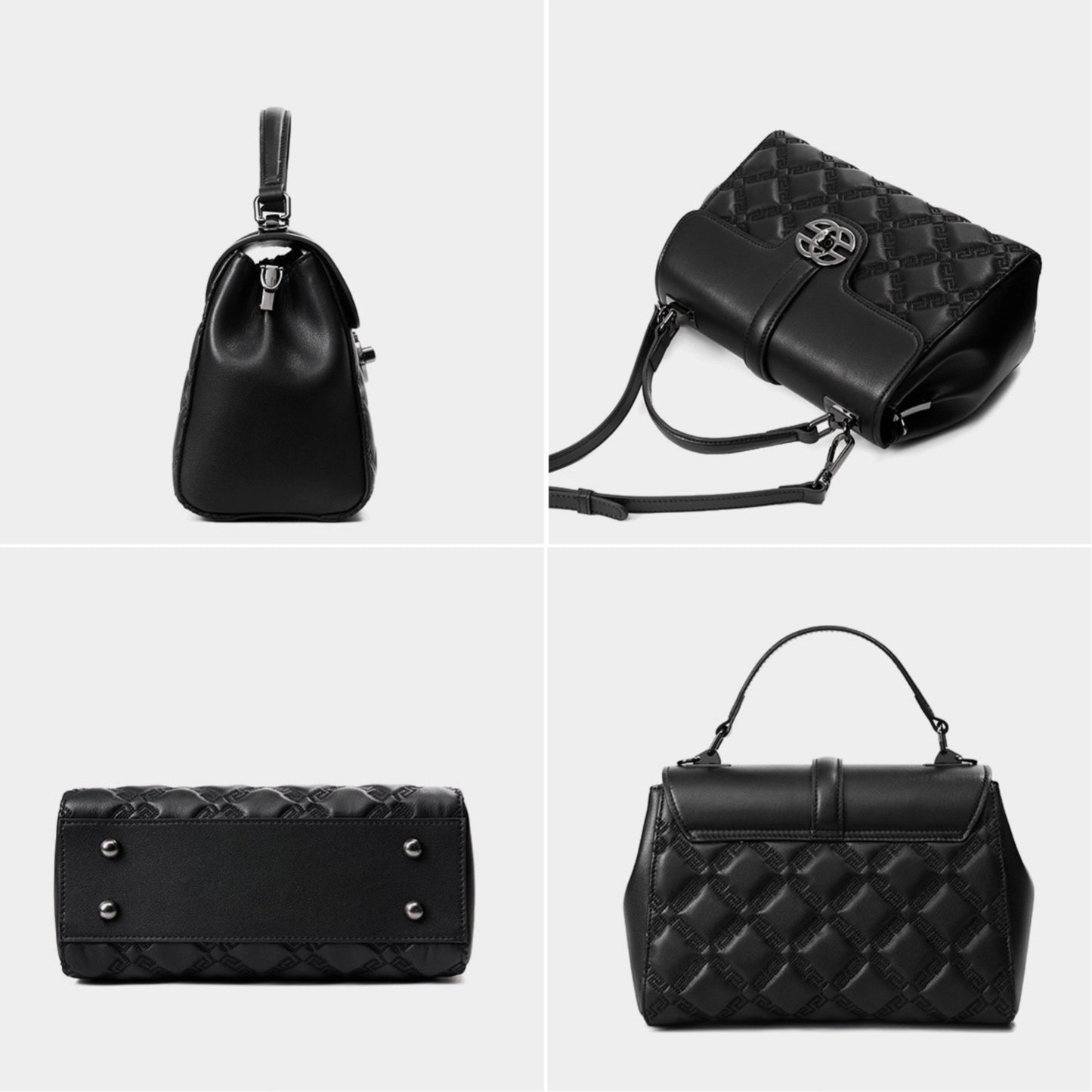This is the 360° display of the black crossbody top handle flap bag, and it has 4 bottom studs and embossed pattern.