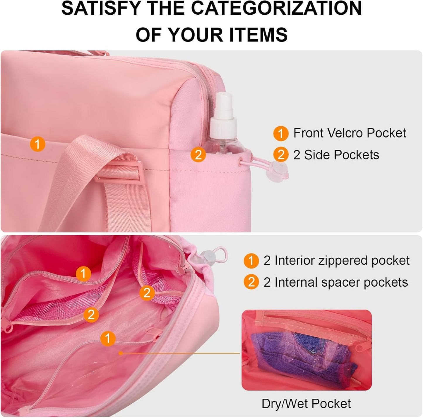 The Belluova pink gym bag has multi pockets, including a wet pocket.