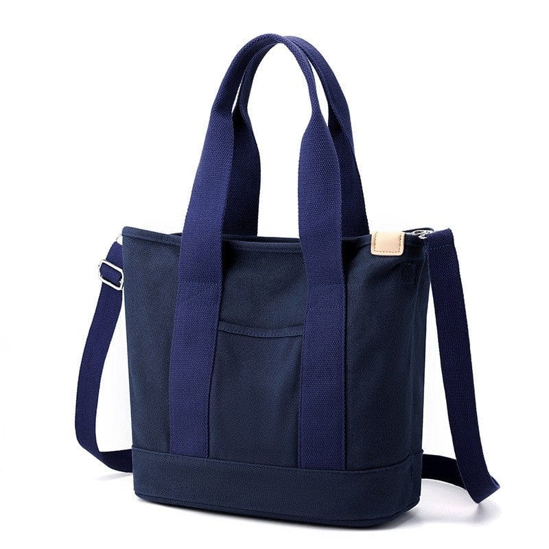 The best medium/large blue zipper canvas tote bag has soft handles and crossbody strap, suitable for students.
