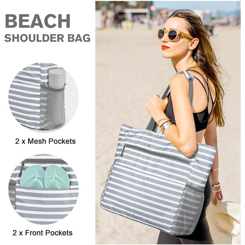 The Belluova large beach tote bag has 2 mesh pockets and 2 front pockets, 1 big wet pocket.