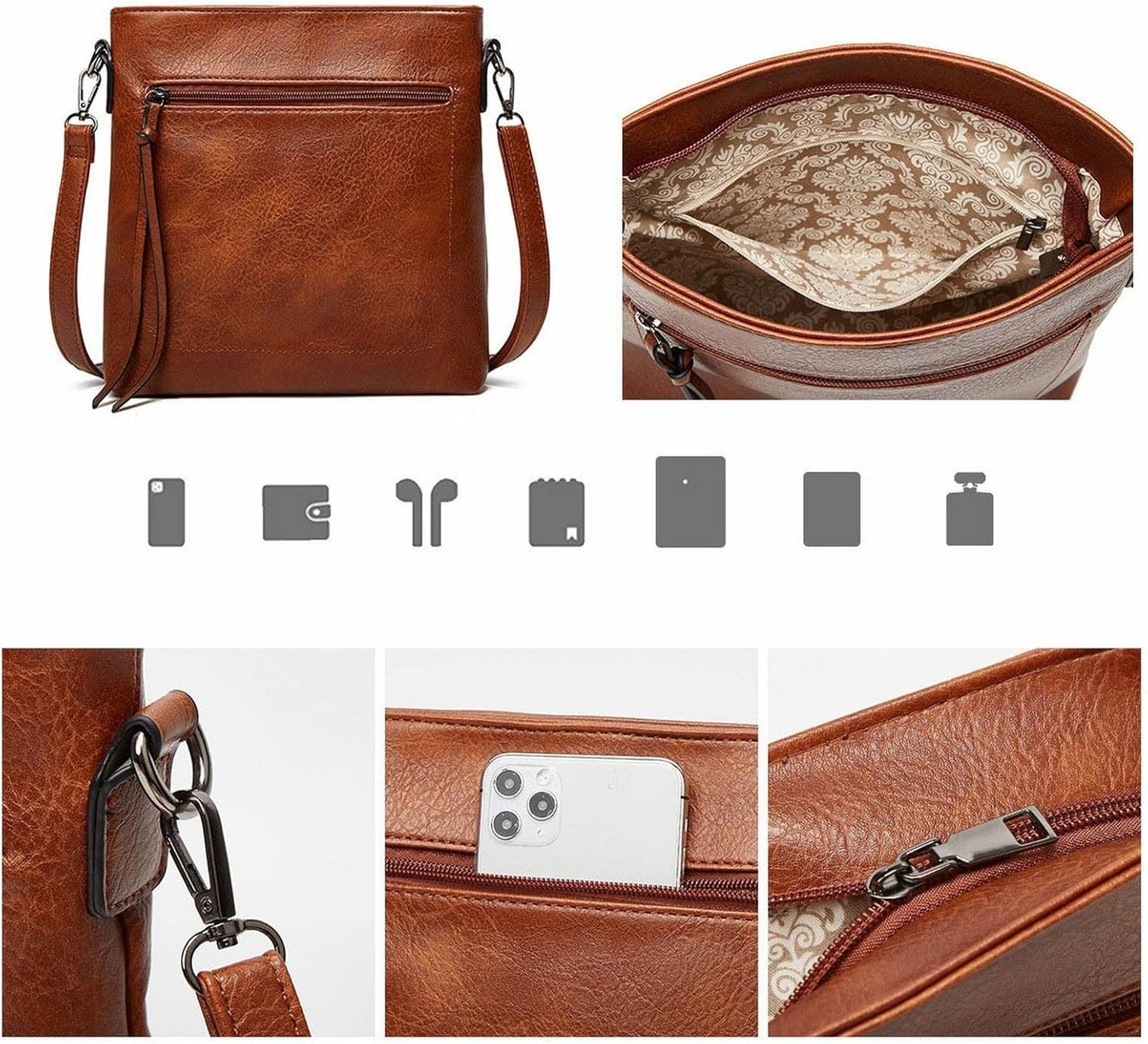 There are lots of pockets on the messenger crossbody bag, and the sling strap can be replaced.