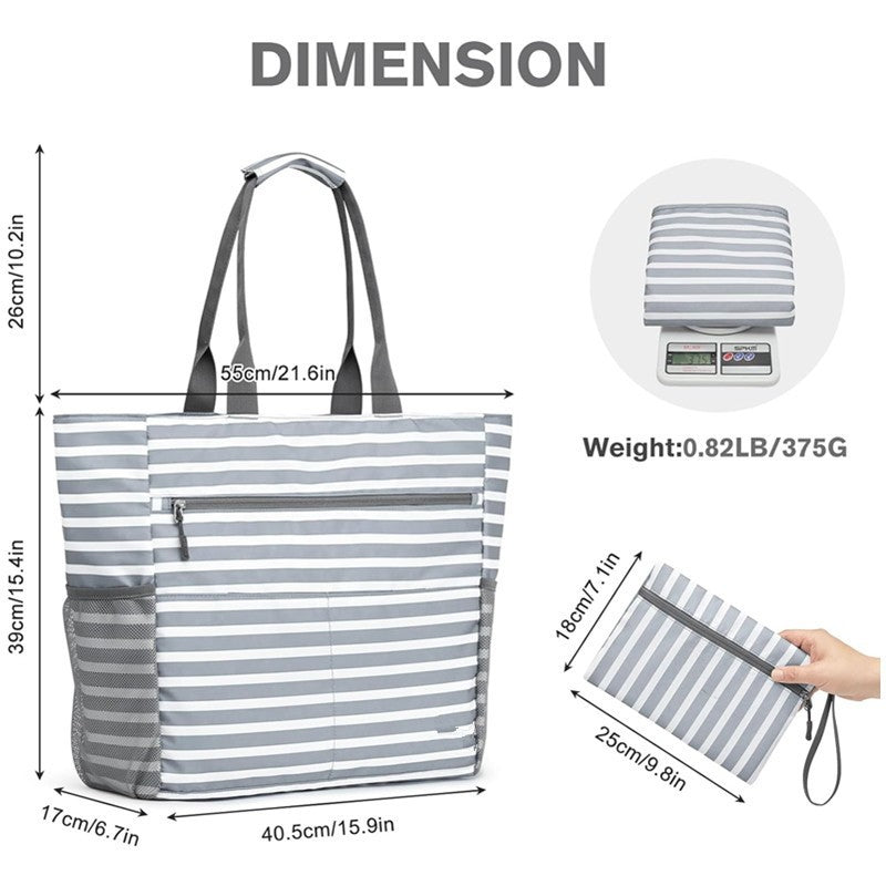 The size of the Belluova beach tote bag is 40.5cm 39cm 17cm, and it is lightweight, waterproof and has multiple pockets.
