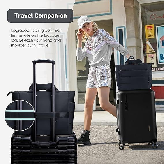 The tote bag can be easily attached to the luggage and release your hands during travel.