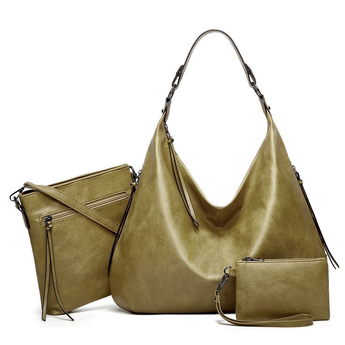This is the display of the 3 in 1 green bag set, including a hobo tote handbag, a messenger crossbody bag and a pouch purse. It is made of high quality PU leather, and is suitable for work, parties, meetings, shopping and daily use.