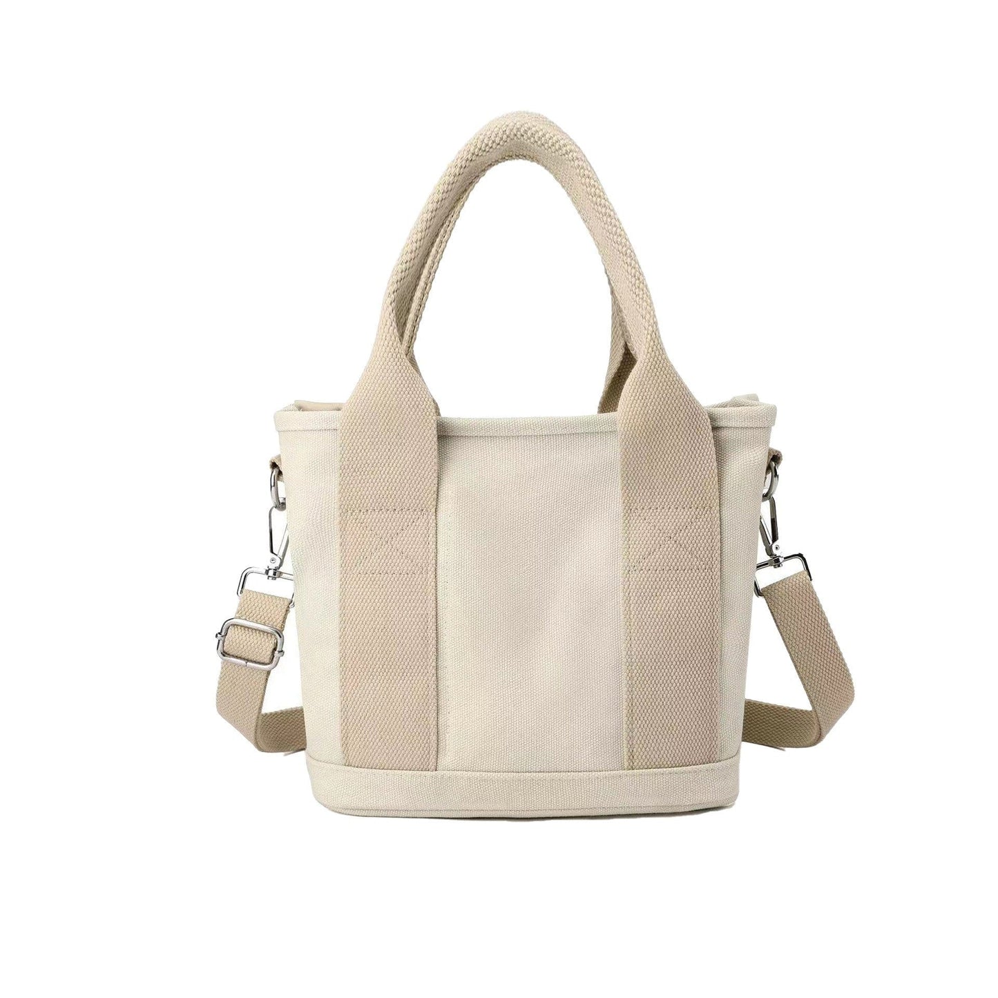 The small khaki blank canvas tote bag has lots of compartments and soft handles.