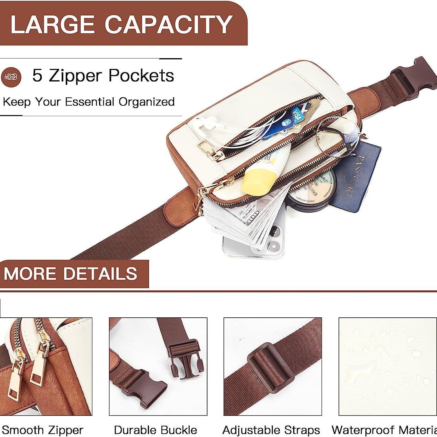 details of spacious white waist bag, durable buckle