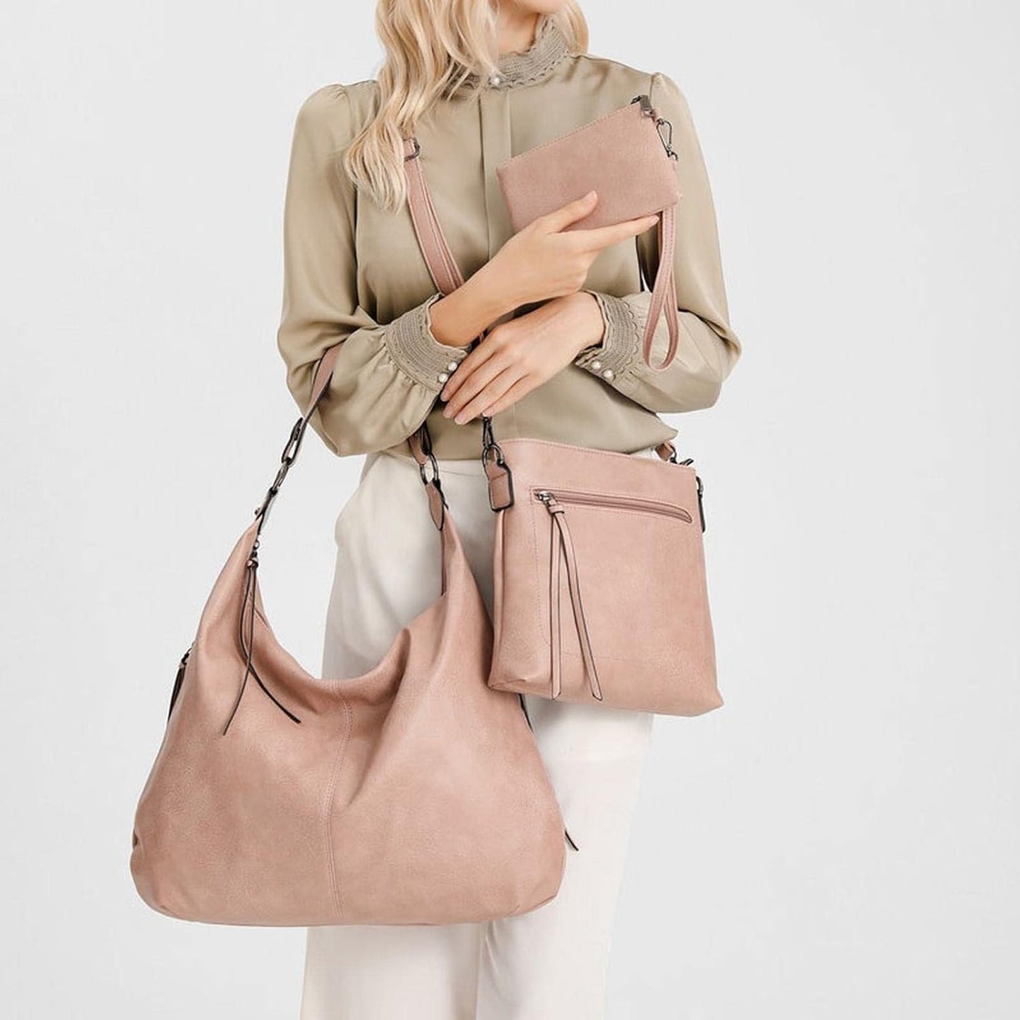 This is the multi funtional bag set, with a hobo shoulder handbag, a pouch wallet, a sling crossbody bag.