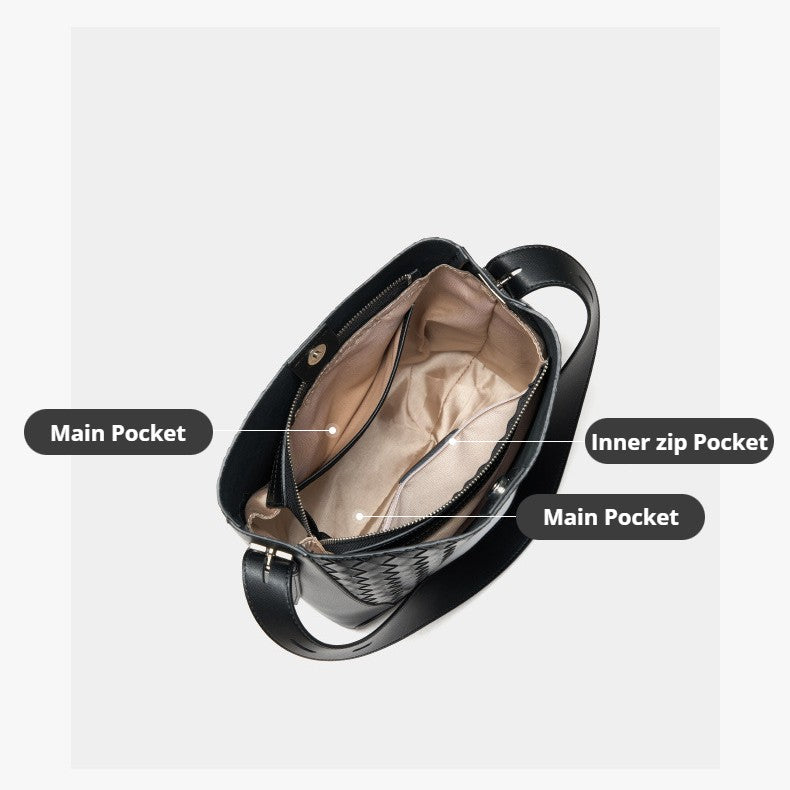 This women's leather woven bucket tote bag is of large capacity and has 1 main pocket, 1 inner zip pocket, 1 inner pocket, which is spacious enough for daily and work essentials.