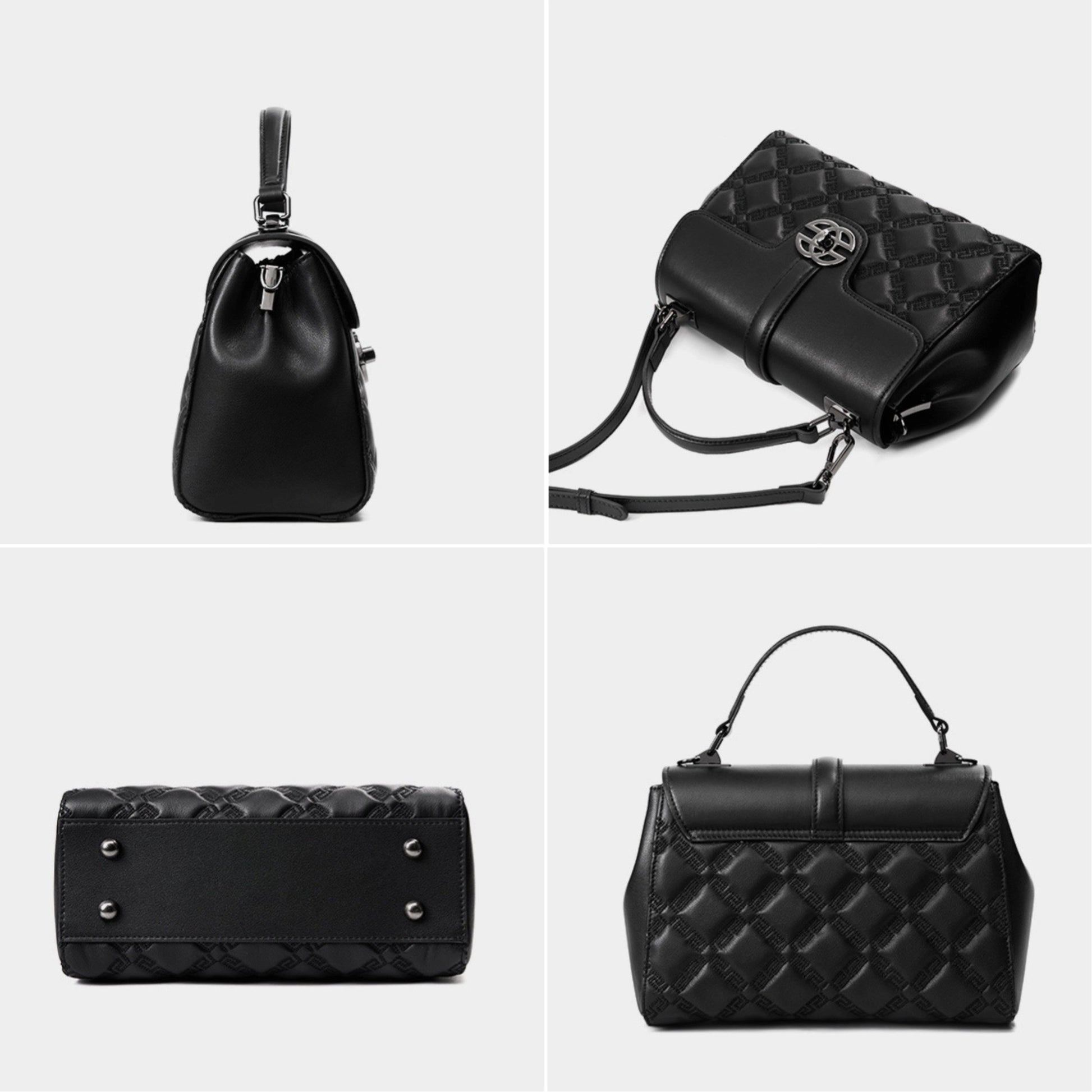 This is the 360° display of the black crossbody top handle flap bag, and it has 4 bottom studs and embossed pattern.