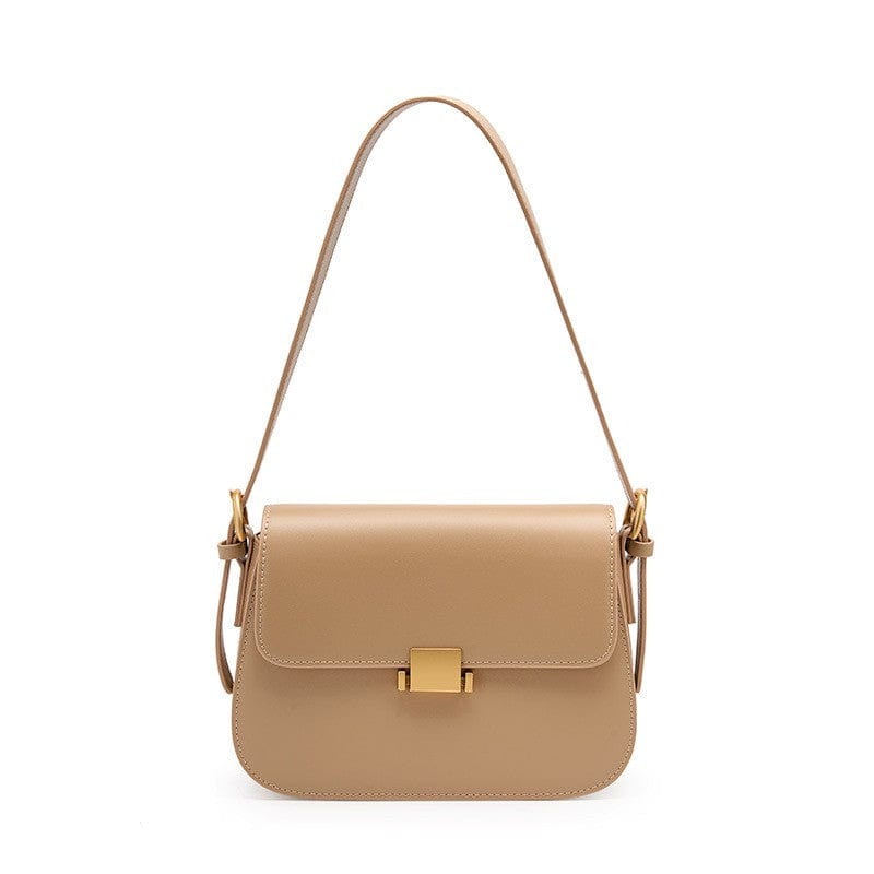 The Apricot Khaki Beige shoulder crossbody bag is made of genuine leather.