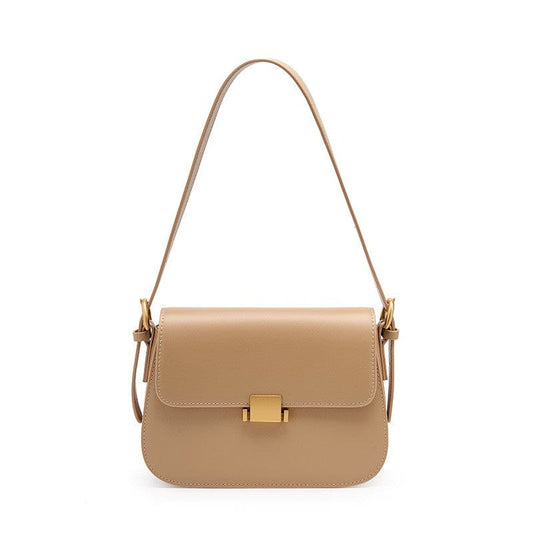 The Apricot Khaki Beige shoulder crossbody bag is made of genuine leather.