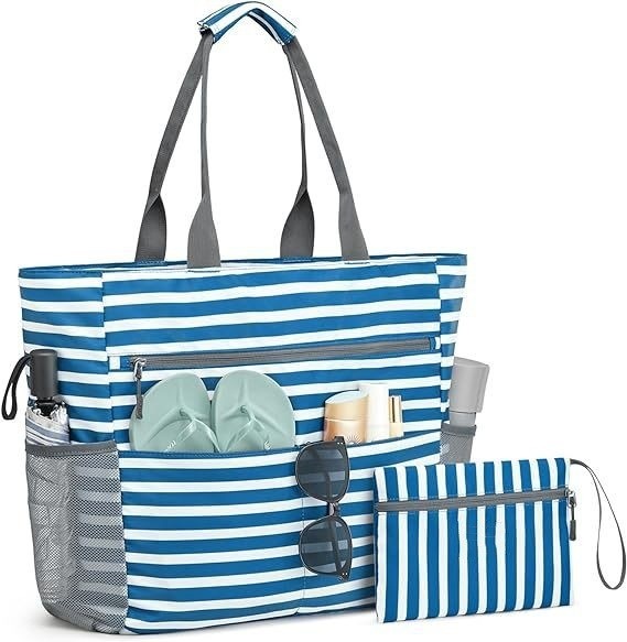 This Belluova big beach tote is blue strip pattern, it is waterproof, spacious.