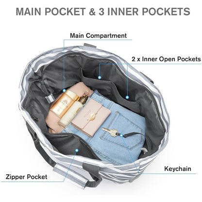 The Belluova beach tote bags have a large main compartment, with 2 inner pockets, 1 zipper pocket and 1 keychain holder.