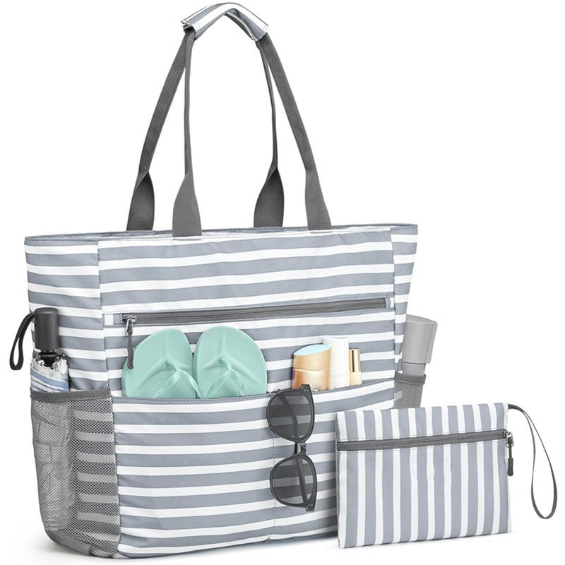 A Belluova waterproof beach tote bag is sandproof, with a pouch and a wet pocket.