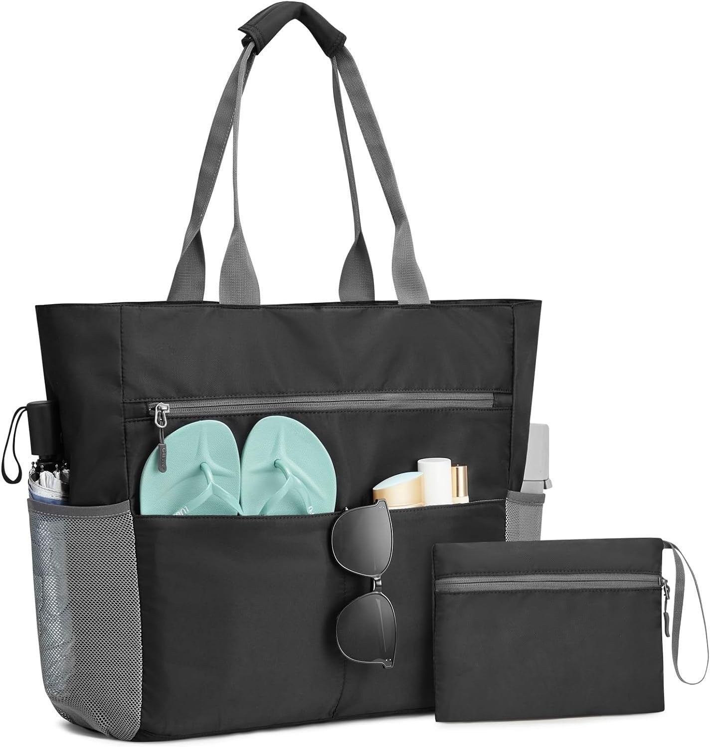 The Belluova black beach tote bag is waterproof, with multiple pockets, including a wet pocket and a wrislet purse.