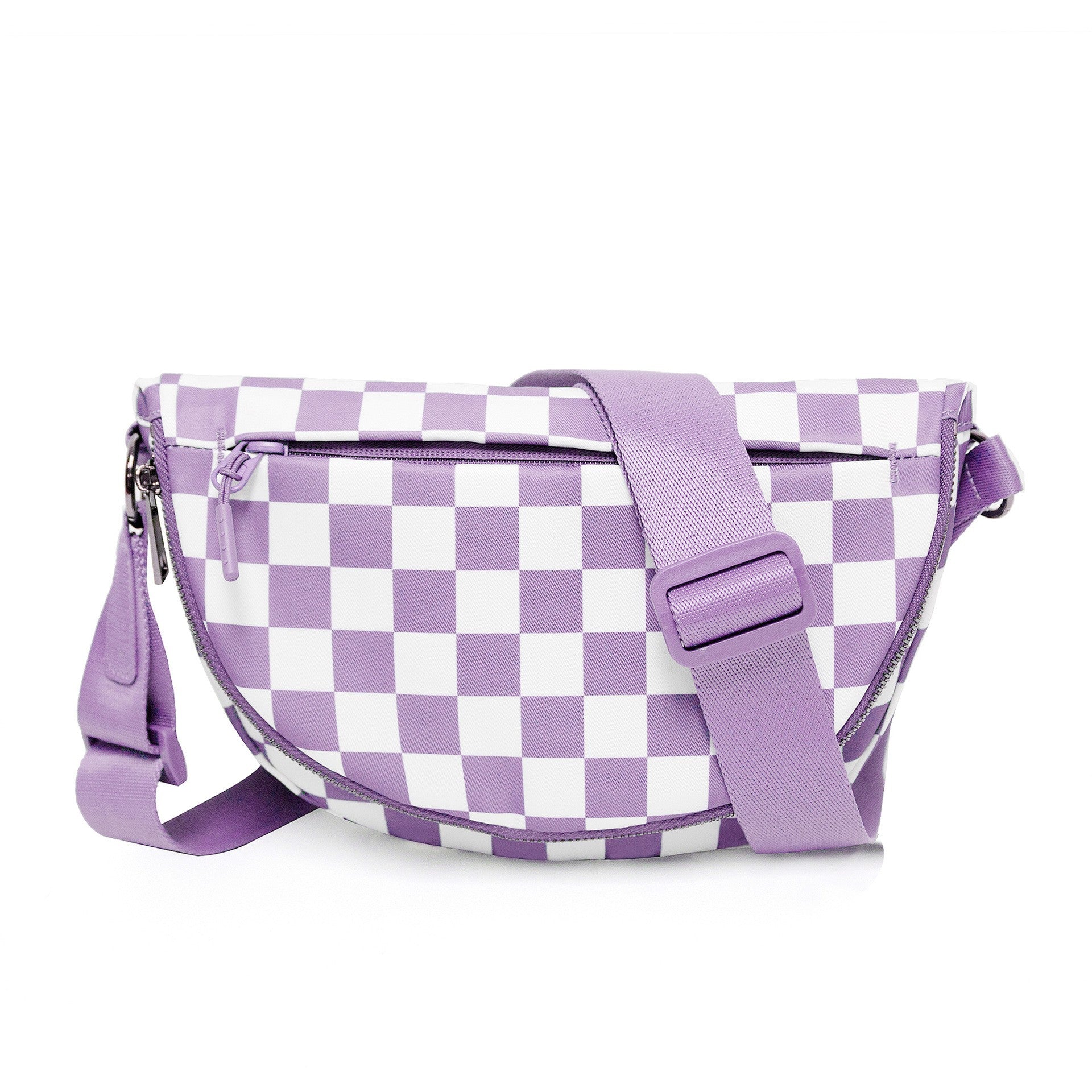 Belluova lightweight mini light purple checkered sling crossbody bag is made of nylon material