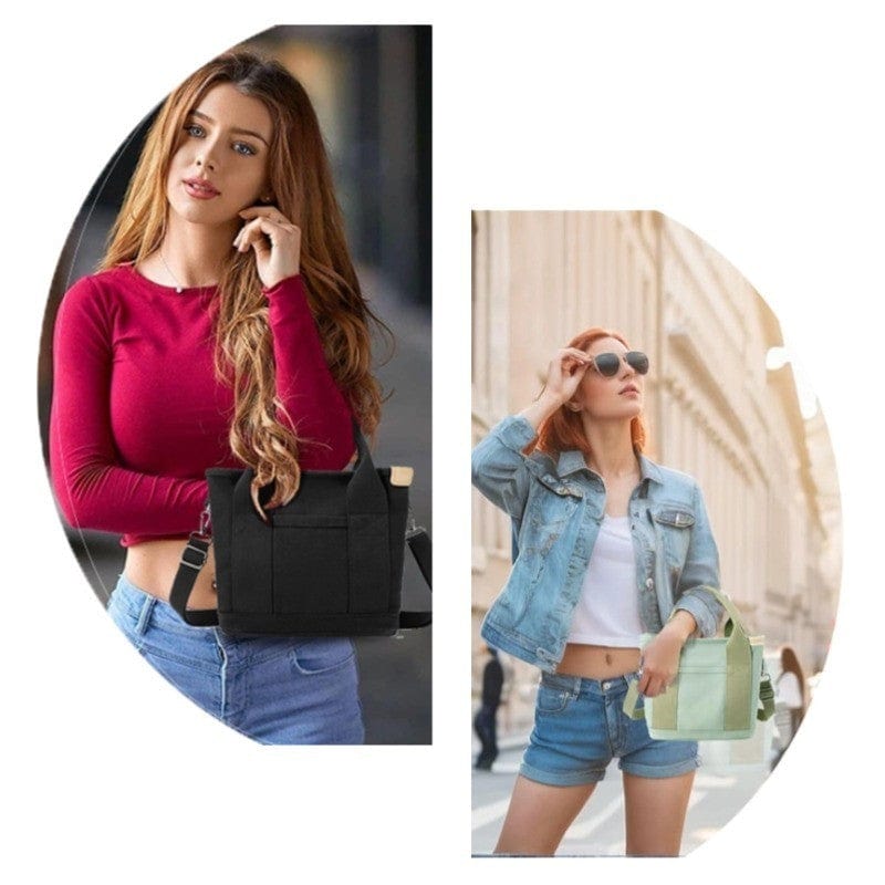 The Small canvas zipper tote bag can be carried on the hand or crossbody.