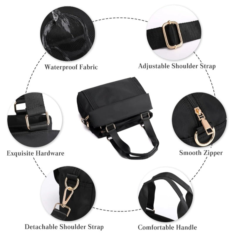 The work top handle tote bag has waterproof oxford fabric, adjustable shoulder strap, smooth zipper, comfortable handle, detachable crossbody strap, and exquisite hardware.