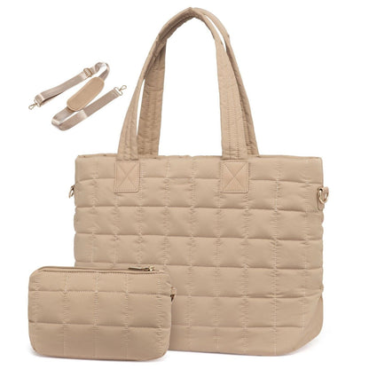 The khaki 2 in 1 puffer sling crossbody garment duffel tote bag is beautiful and high quality.