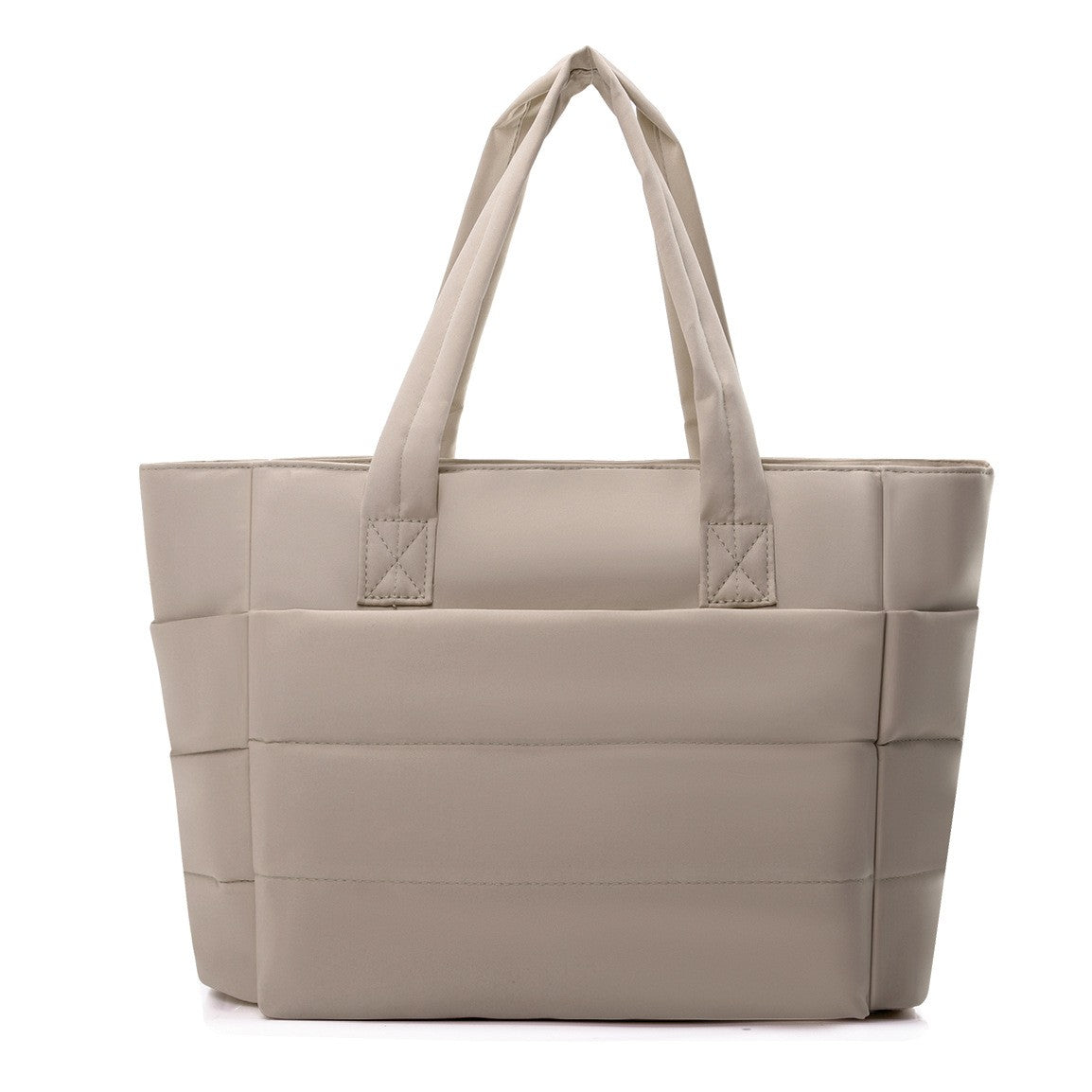 The khaki puffer tote Bucket bag has multiple pockets.
