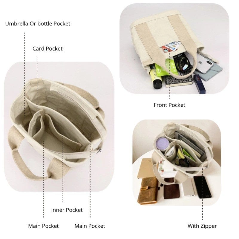 The mini canvas tote bag with zipper has multi pockets and is best for women and students