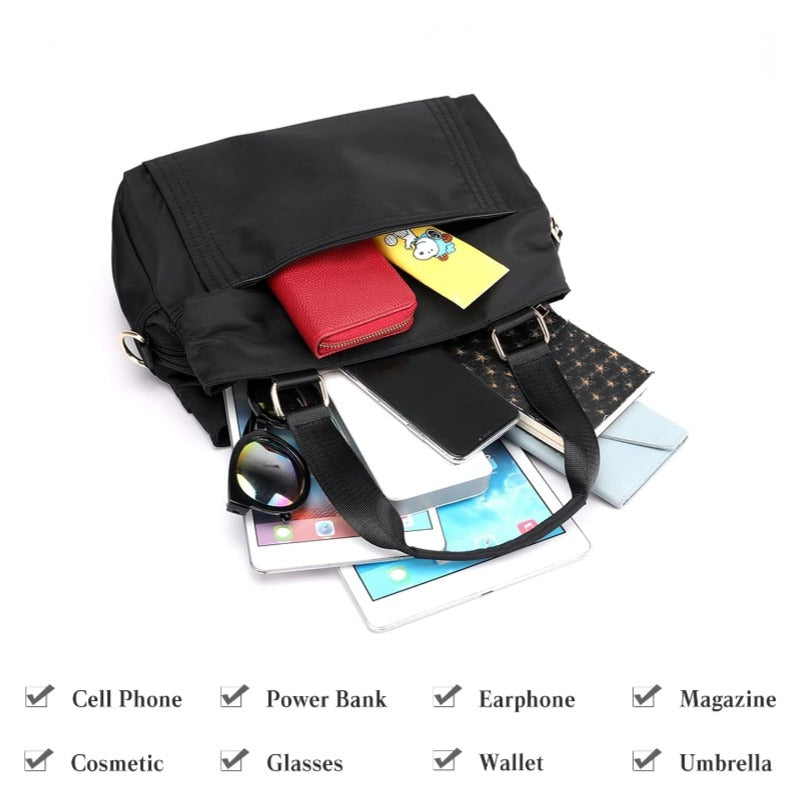 The top handle tote handbag is roomy and spacious enough for ipad, phone, power bank, earphone, magazine, cosmetic, glasses, wallet and umbrella.