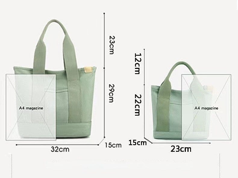 The size of a zip canvas tote bag is small or large, and it has a soft handle.