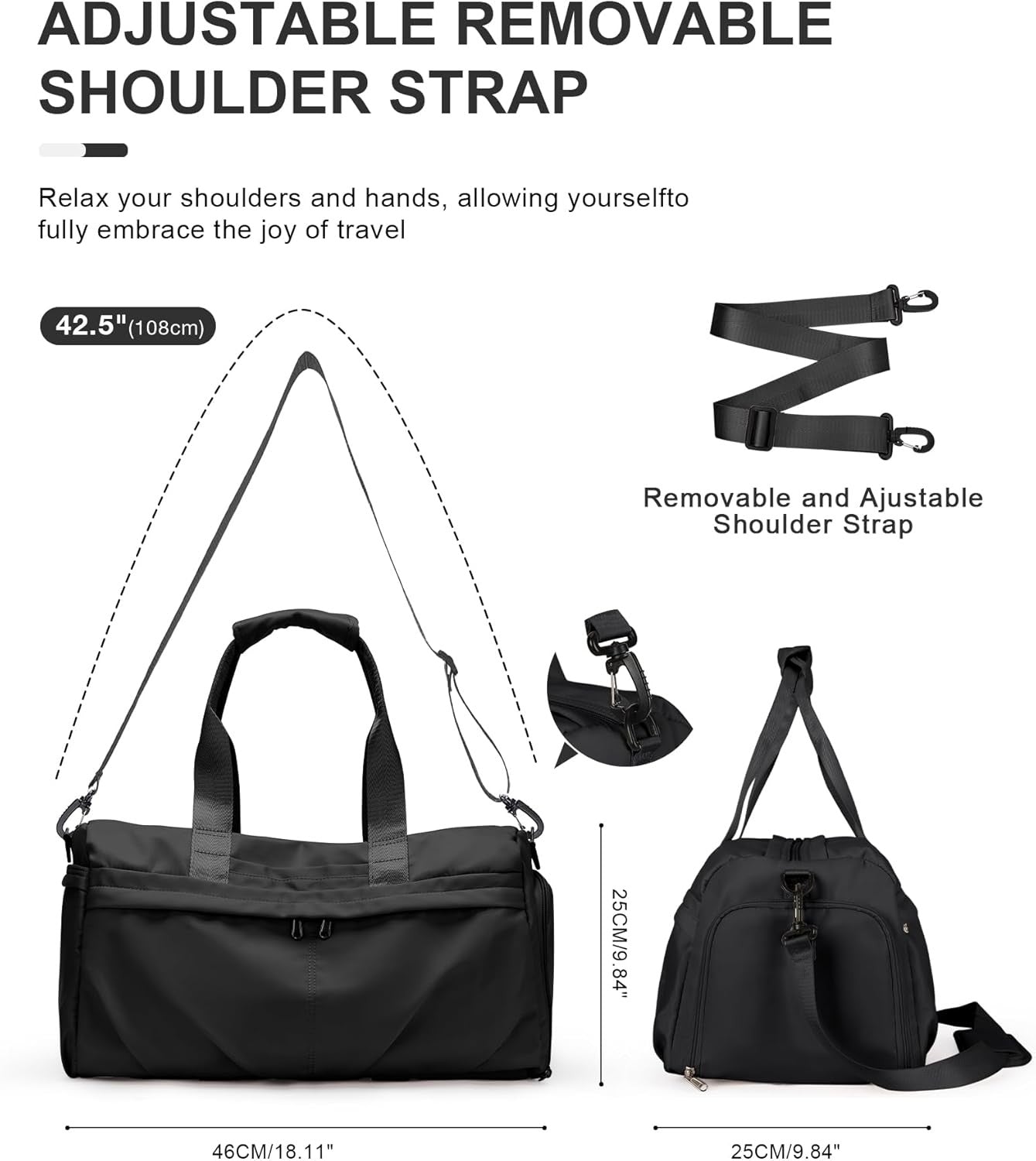 The size of shoe travel bag is 46cm*25cm， with alternative adjustable sling shoulder strap