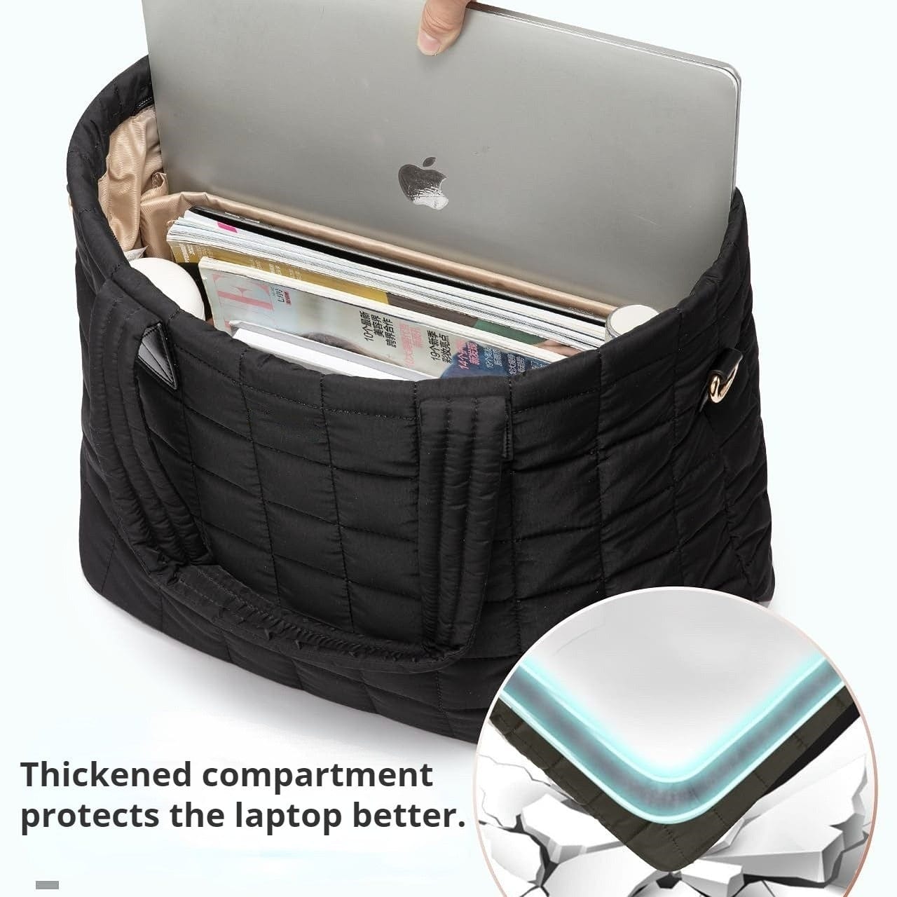 The 2 in 1 travel tote bag protects the laptop well because of its thickened and soft puffer material.