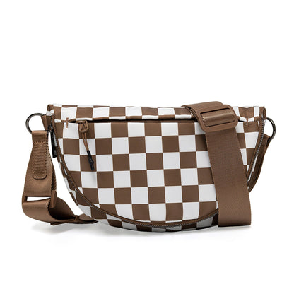The belluova small brown checkered sling crossbody bag for women is suitable for daily use, sports, travel, work and shopping.