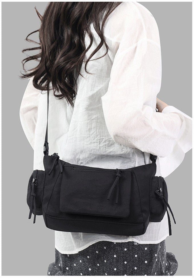 This is a showcase of how the belluova black crossbody sling bag looks when worn. 