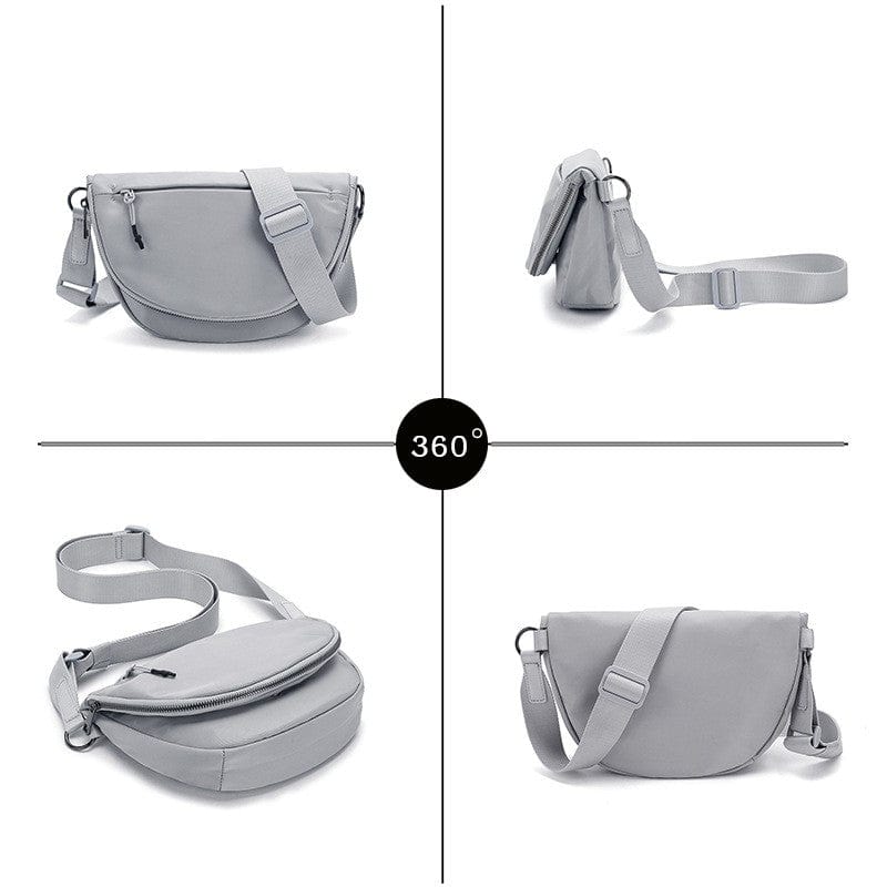 belluova Light gray 360 - degree view sling bag, showing different angles with detailed strap and zipper designs, simple and stylish.