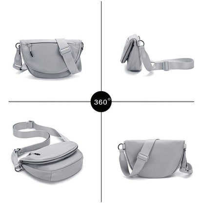 belluova Light gray 360 - degree view sling bag, showing different angles with detailed strap and zipper designs, simple and stylish.
