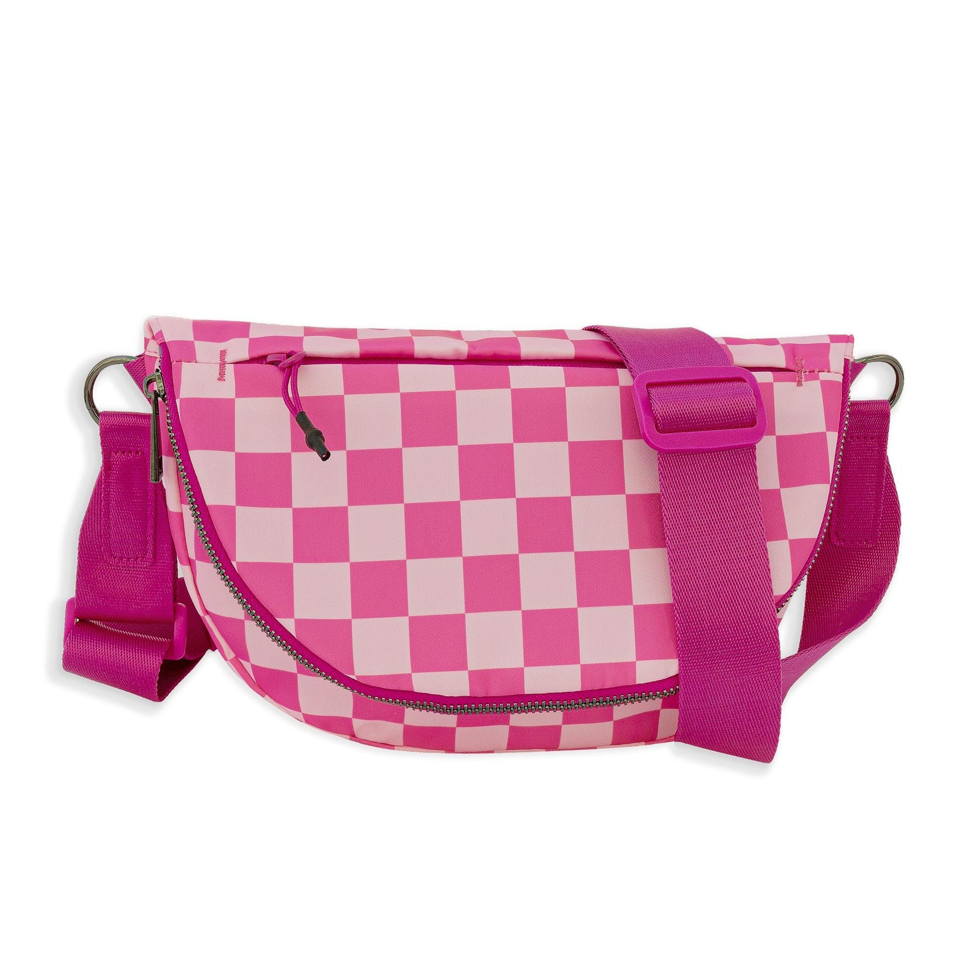 belluova flap foldable pink checkered sling crossbody bag for ladies can be used as belt waist diaper bags