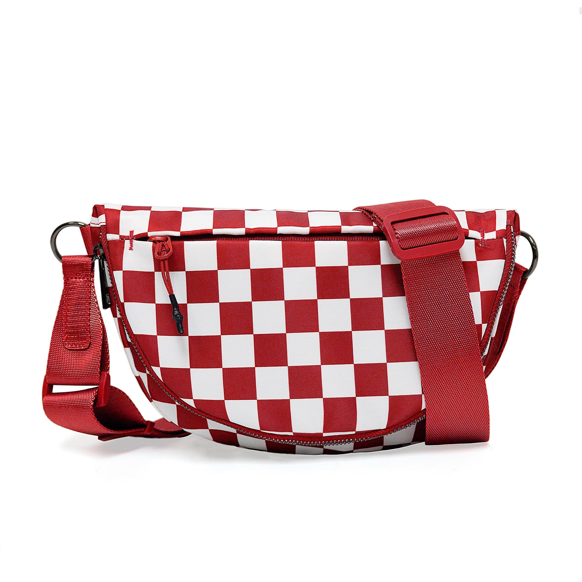 The belluova lightweight red checkered crossbody bag is in a saddle shape