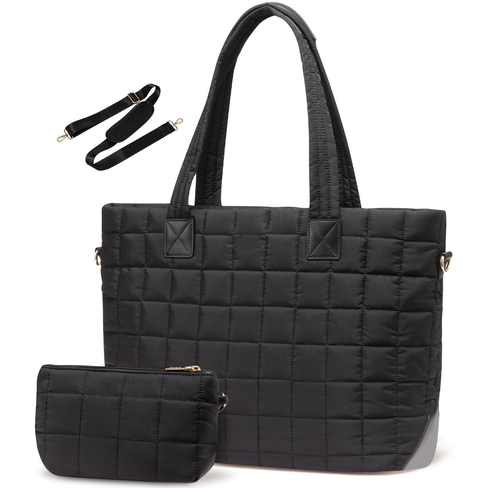 Multi pocket black 2 in 1 puffer tote crossbody shoulder bag is functional, anti theft.