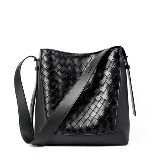 The black woven tote bucket hobo bag is made of soft genuine leather, with an adjustable crossbody sling strap.