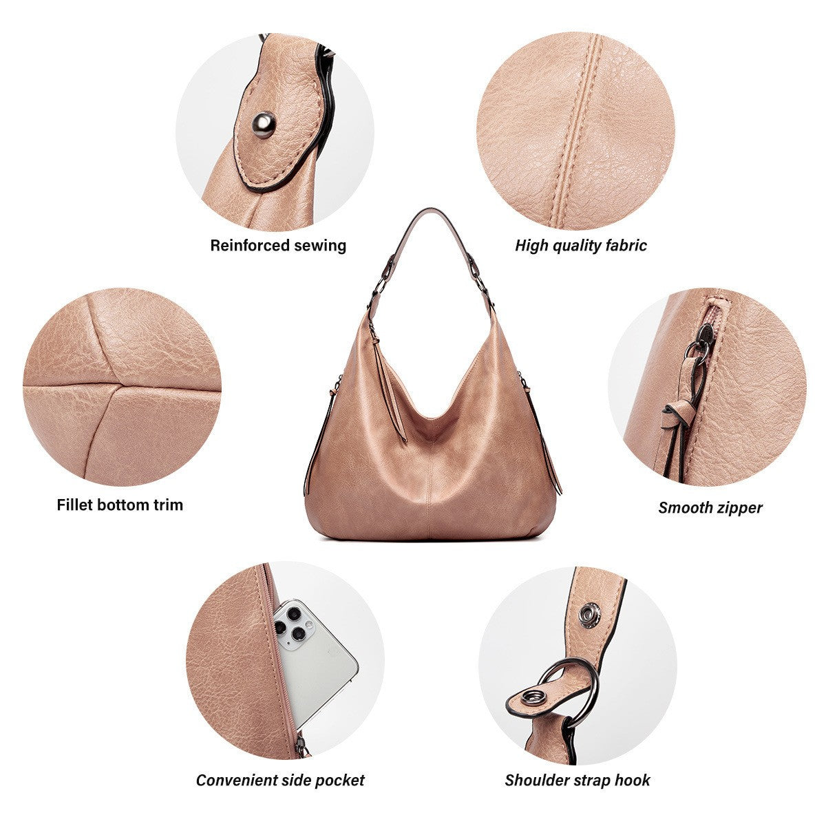 The hobo shoulder handbag has side pocket, smooth zipper, and chageable shoulder strap