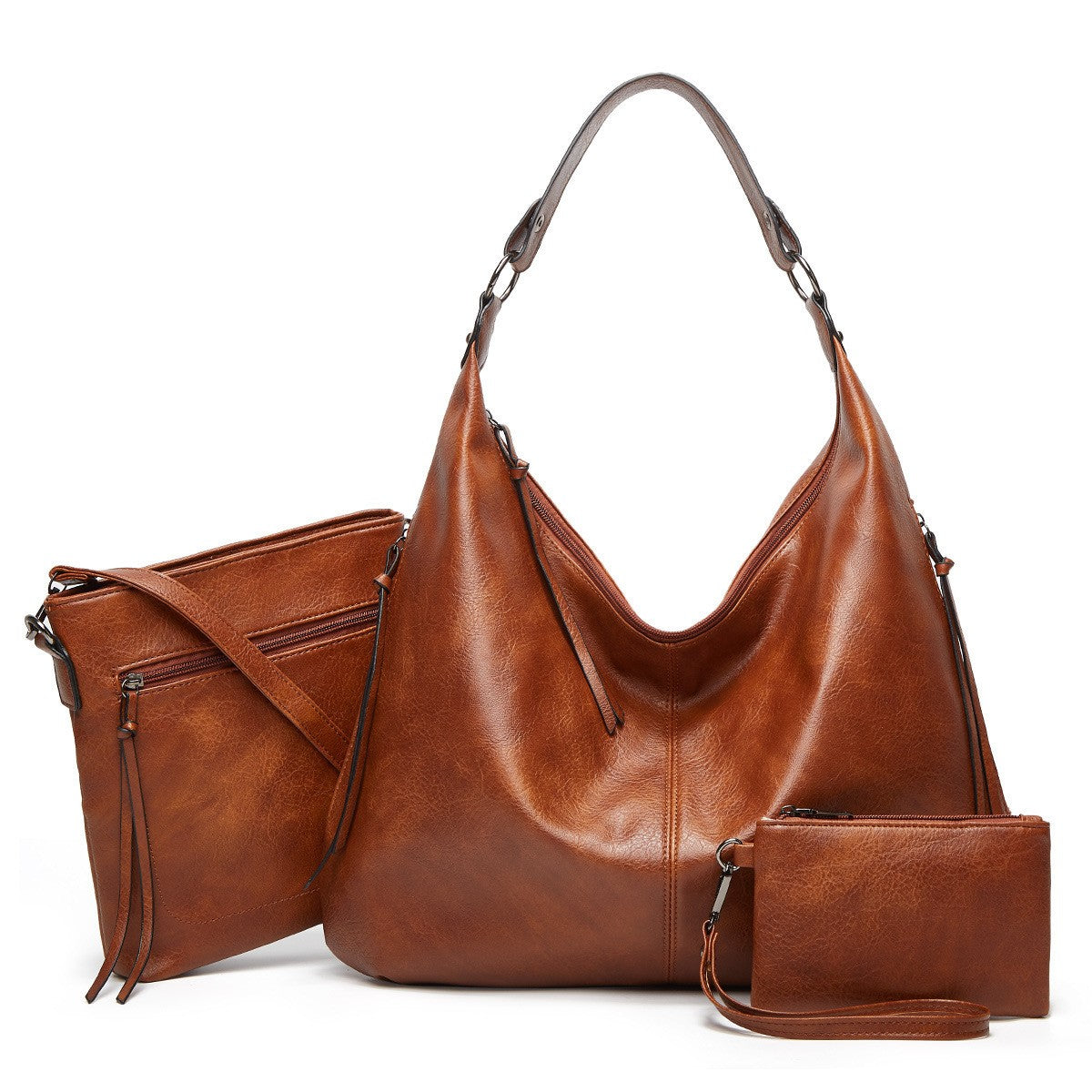 This is the display of the 3 in 1 brown bag set, including a hobo tote handbag, a messenger crossbody bag and a pouch purse. It is made of high quality PU leather, and is suitable for work, parties, meetings, shopping and daily use.