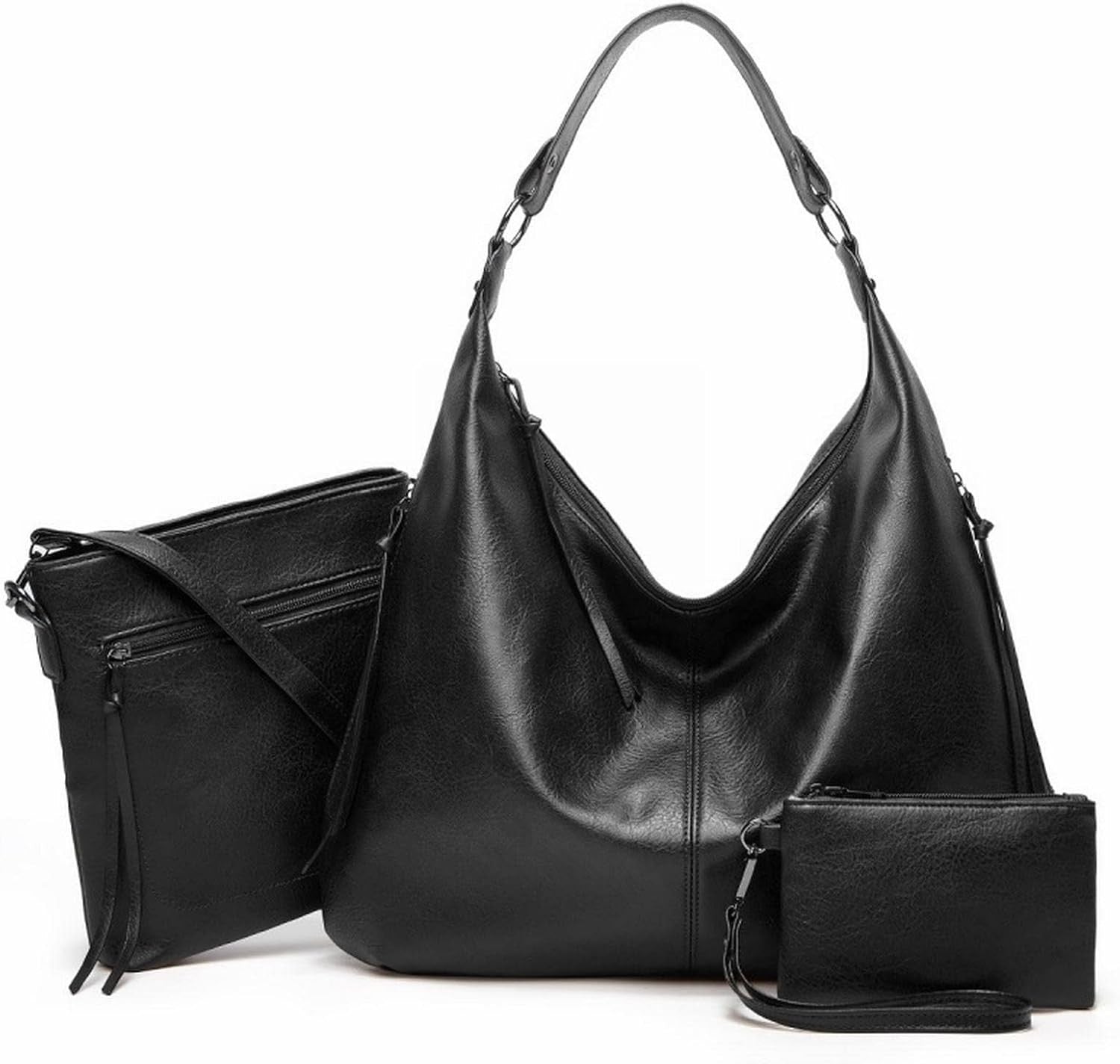 This is the display of the 3 in 1 black bag set, including a hobo tote handbag, a messenger crossbody bag and a pouch purse. It is made of high quality PU leather, and is suitable for work, parties, meetings, shopping and daily use.