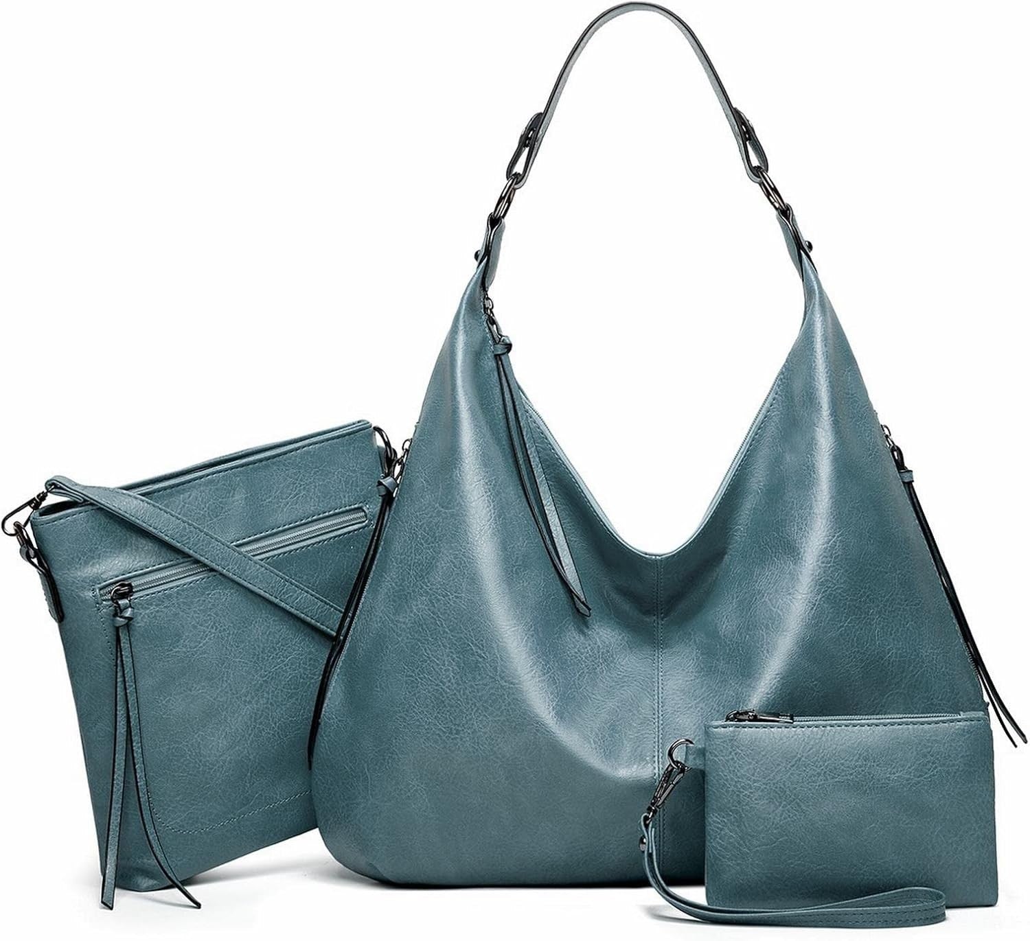 This is the display of the 3 in 1 blue bag set, including a hobo tote handbag, a messenger crossbody bag and a pouch purse. It is made of high quality PU leather, and is suitable for work, parties, meetings, shopping and daily use.