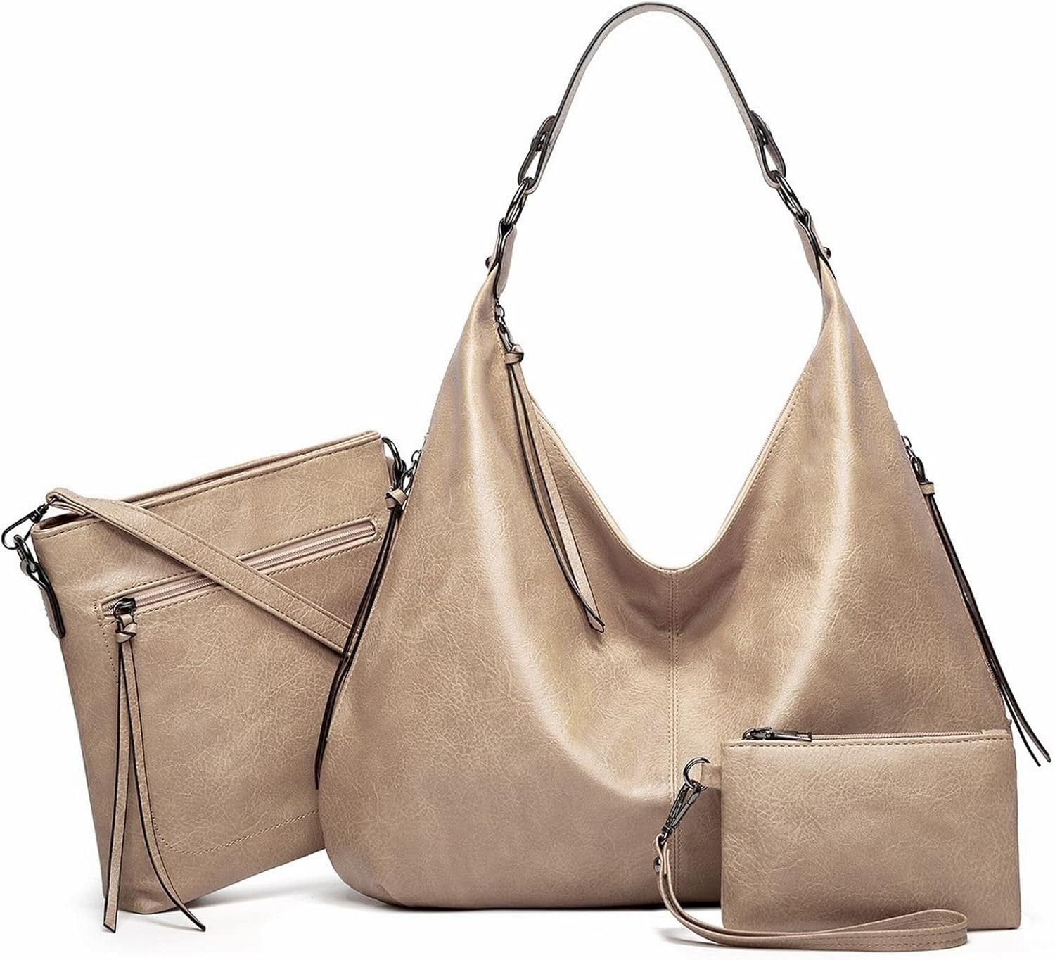 This is the display of the 3 in 1 pink bag set, including a hobo tote handbag, a messenger crossbody bag and a pouch purse. It is made of high quality PU leather, and is suitable for work, parties, meetings, shopping and daily use.