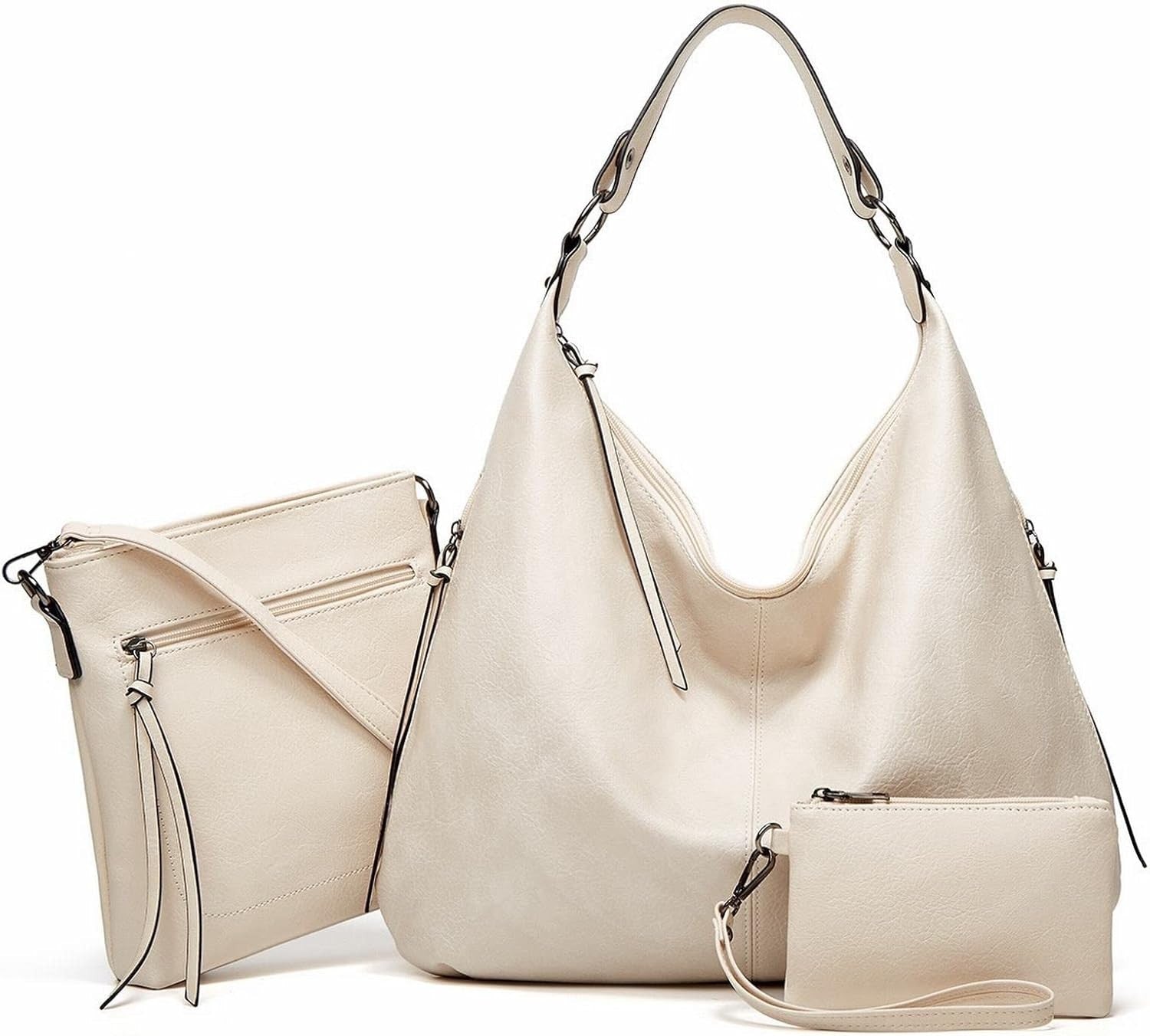 This is the display of the 3 in 1 white bag set, including a hobo tote handbag, a messenger crossbody bag and a pouch purse. It is made of high quality PU leather, and is suitable for work, parties, meetings, shopping and daily use.