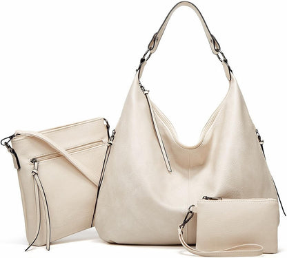 This is the display of the 3 in 1 white bag set, including a hobo tote handbag, a messenger crossbody bag and a pouch purse. It is made of high quality PU leather, and is suitable for work, parties, meetings, shopping and daily use.