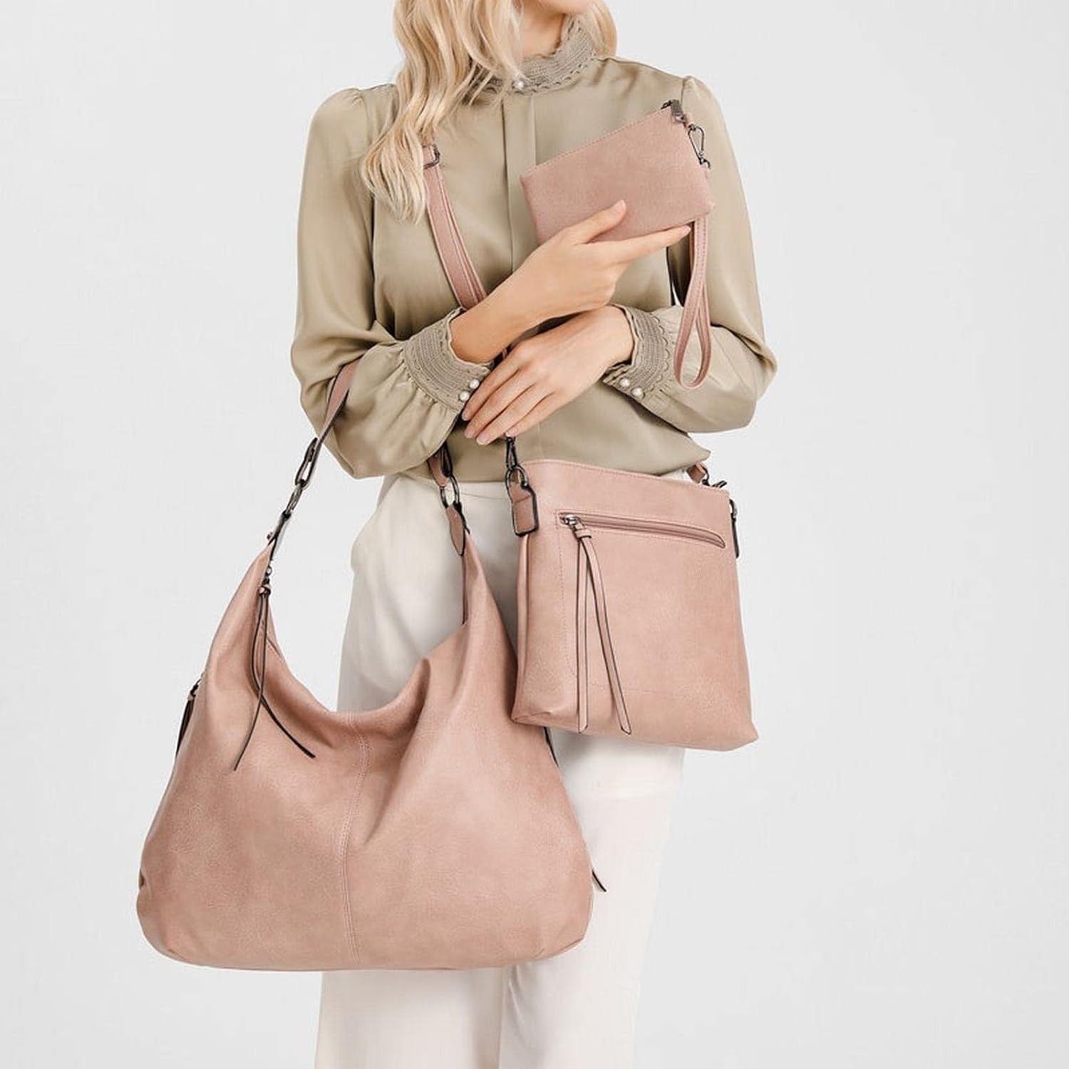 This is the multi funtional bag set, with a hobo shoulder handbag, a pouch wallet, a sling crossbody bag.