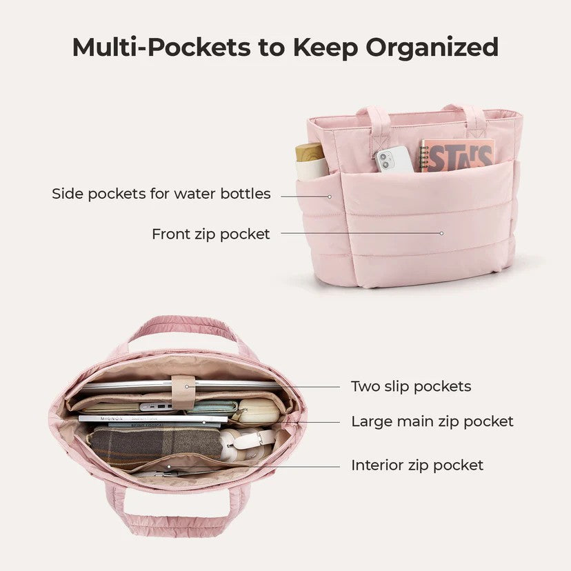 There are lots of pockets on the pink puffer tote bag