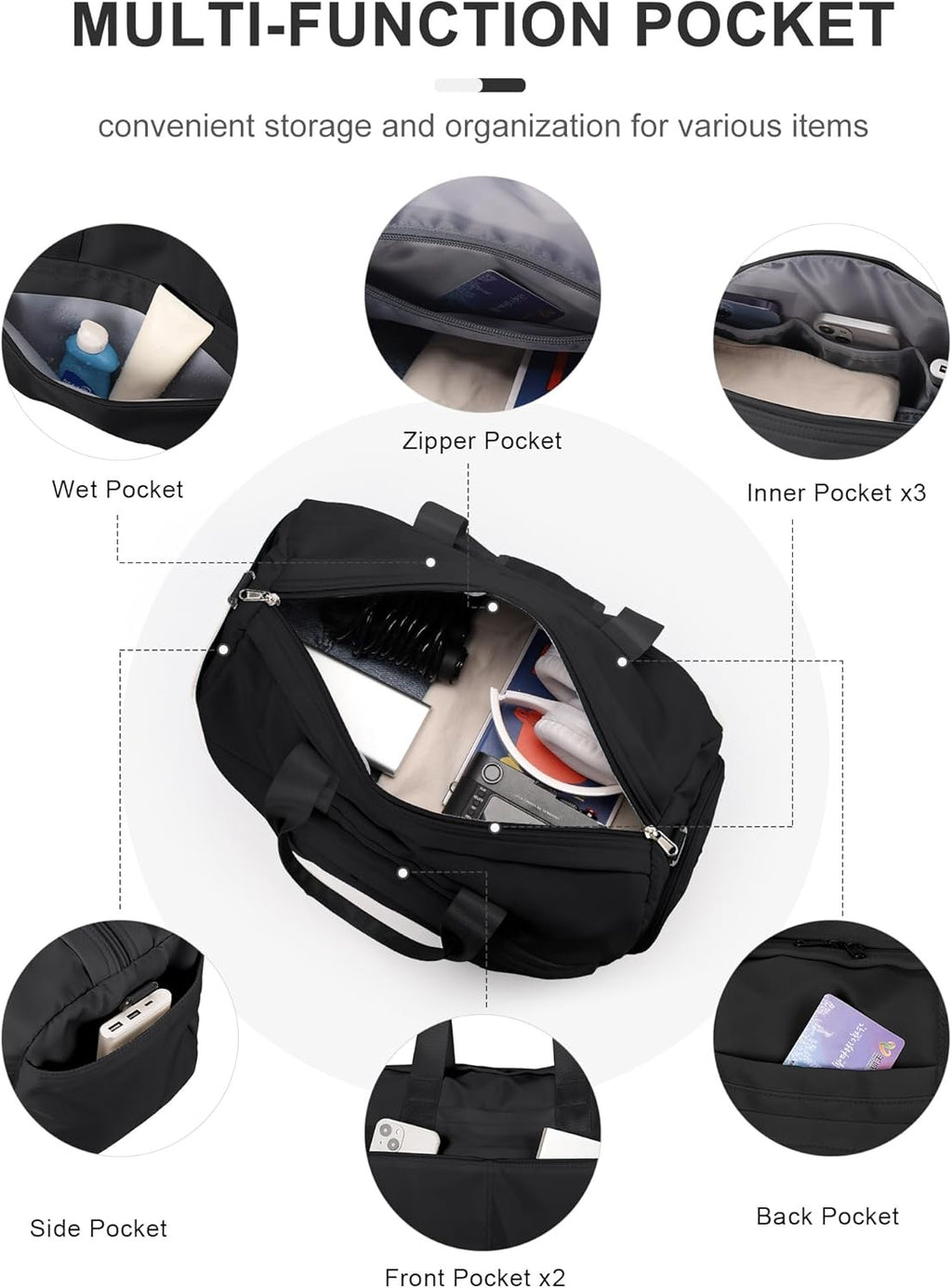 Black weekend travel bags for women | men with multi-pockets