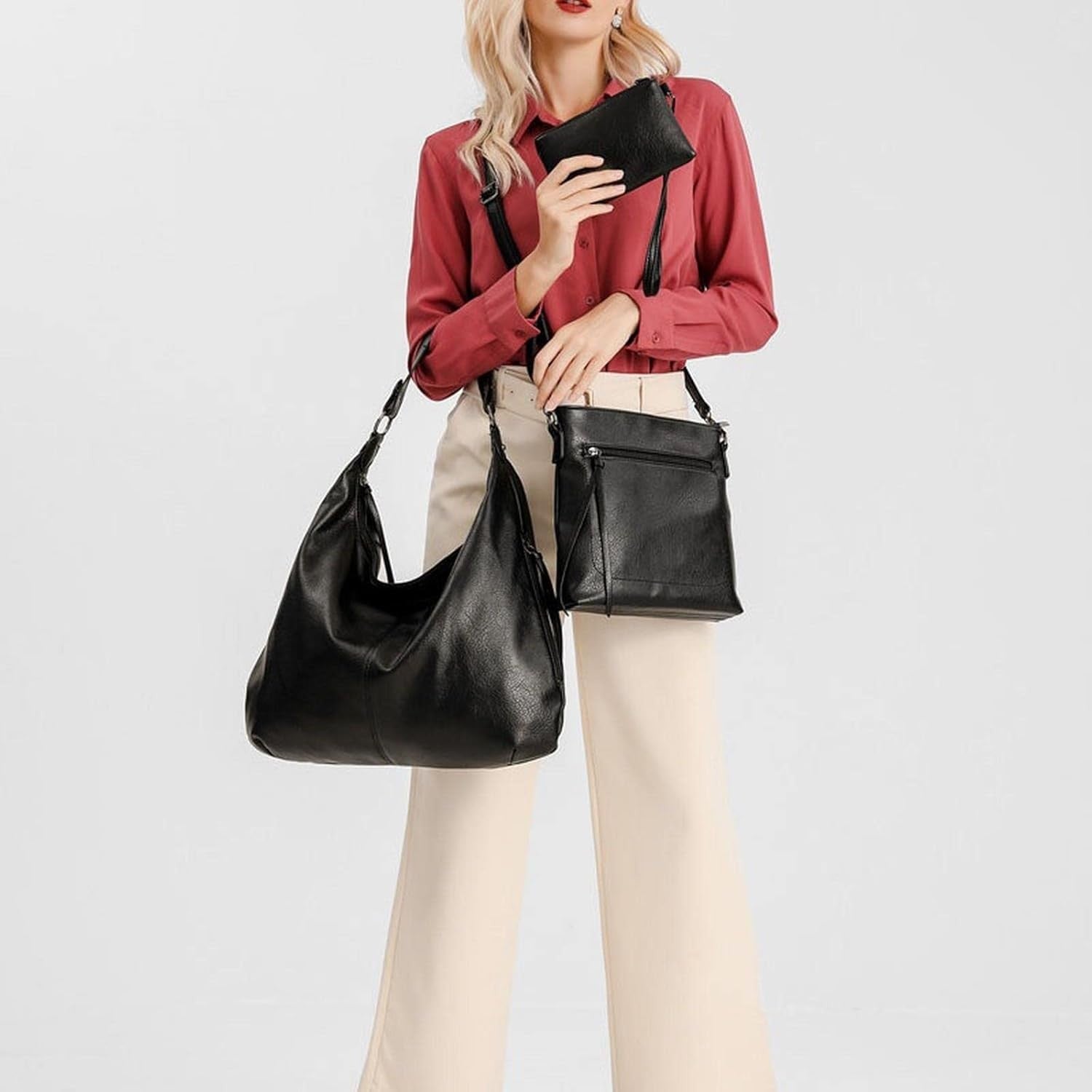 This is the usage display of the multi-functional 3 in 1 black bag set. You can carry the tote hobo bag in your hand or on your shoulder, carry the messenger bag crossbody, and clutch the pouch purse.