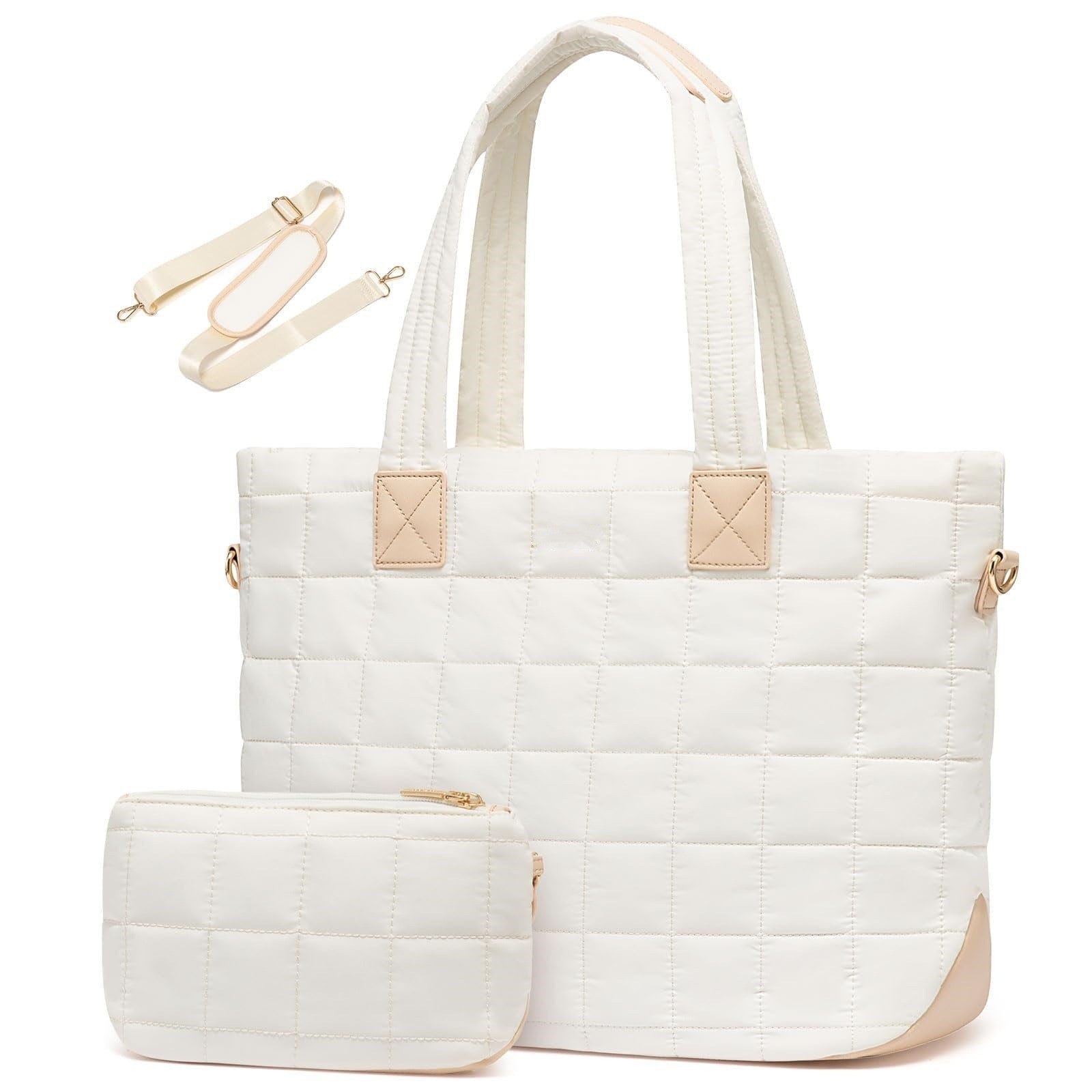 This white 2 in 1 puffer tote bag has a small pouch and detachable crossbody strap